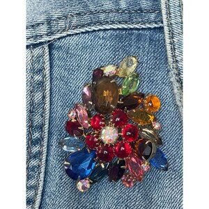 Vintage Multi-Colored Open Back Glass Prong Set 1950s Brooch Red & Blue Gemstone